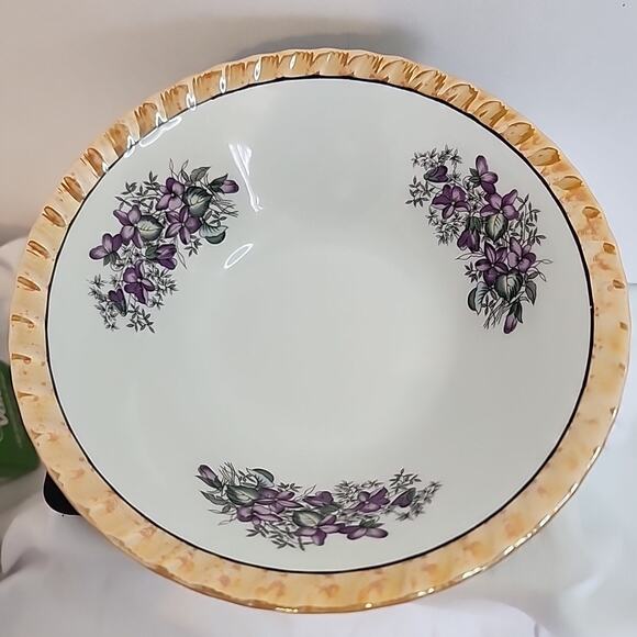 Vtg Yamatsu Japanese Soup Rice Bowl With Golden Lustre Trim Purple Violets 7 In - Picture 1 of 7